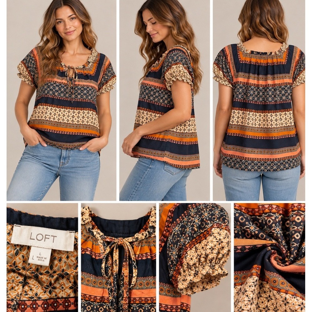 LOFT Blouse Womens L Navy Orange Excellent Boho Western Tie Neck Puff Sleeve Top